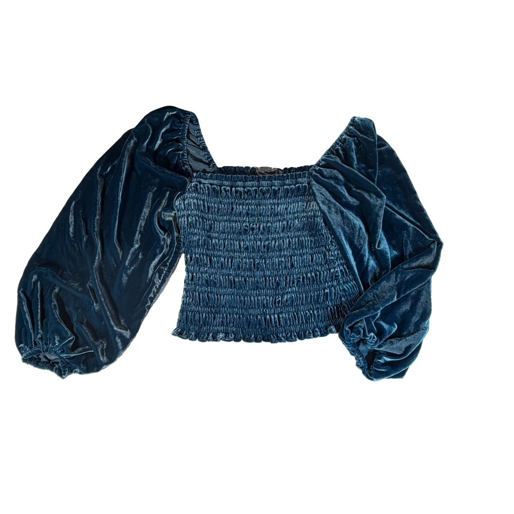 Anthropologie Women's M Teal Blue Velvet Smocked Top Puff Balloon Sleeve Boho
